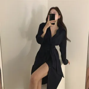 HziriP OL Gentle Minimalist Autumn 2020 Work Wear Lapel Elegant Lace Up Solid Brief Sexy Chic Loose Dresses Female Vestidos