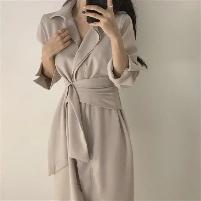 HziriP OL Gentle Minimalist Autumn 2020 Work Wear Lapel Elegant Lace Up Solid Brief Sexy Chic Loose Dresses Female Vestidos