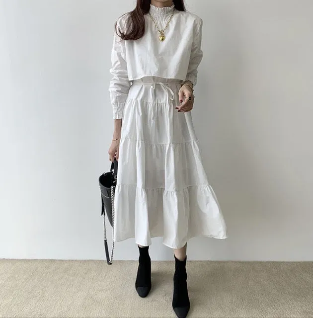 HziriP Stand Collar Long Sleeve Party White Dresses Office Ladies Work Long Dress Female 2020 Elegant Solid Maxi Dress Vestidos