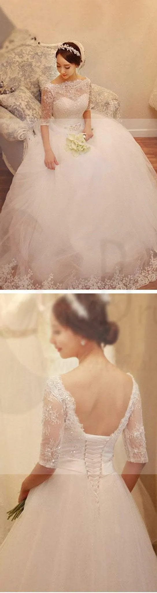 Illusion Half Sleeve Lace Beaded Tulle Wedding Dresses, Vantage Lace Bridal Gown, WD0005