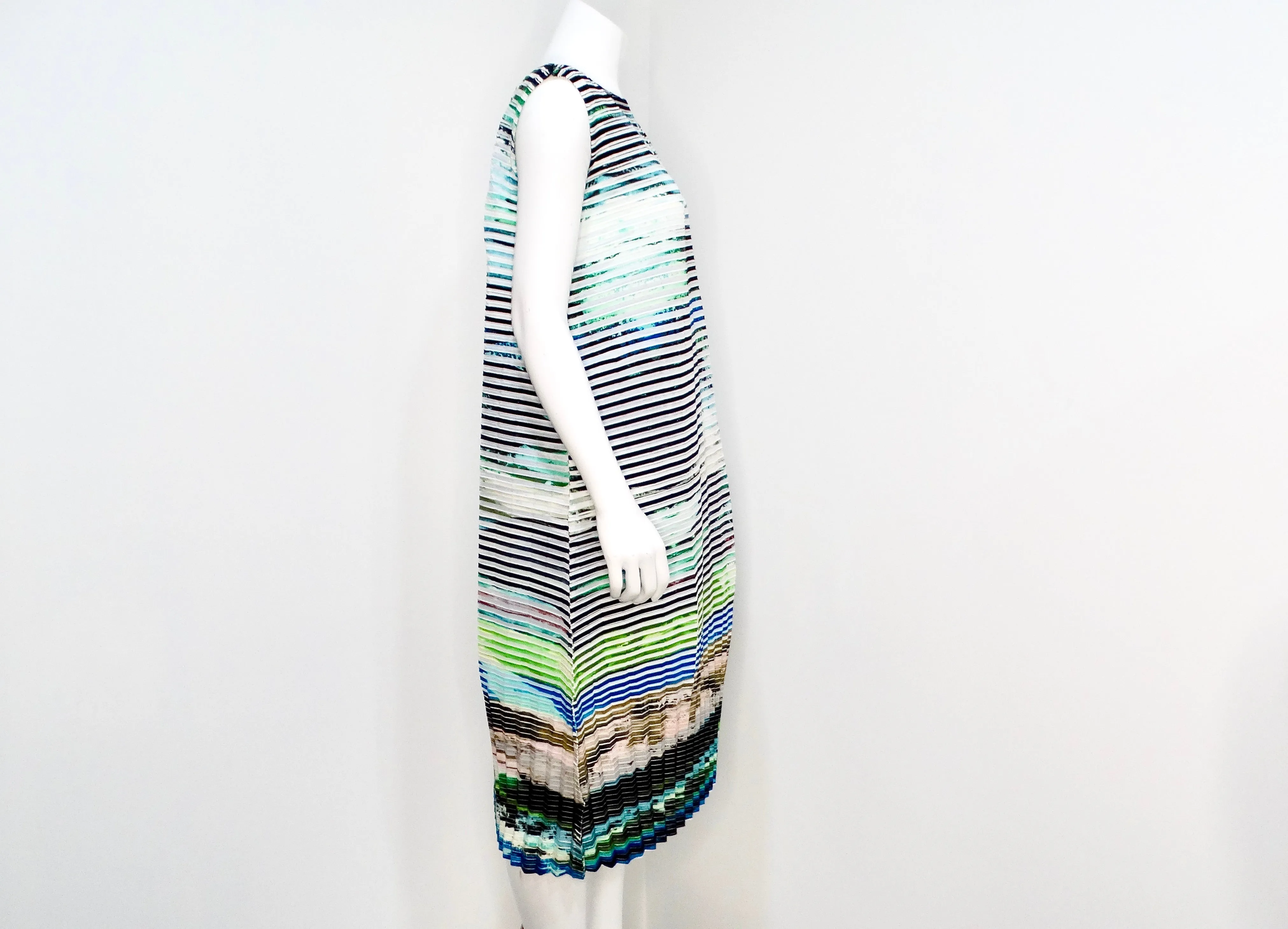 Issey Miyake 2018 Cool Toned Striped Abstract Pleated Bubble Dress