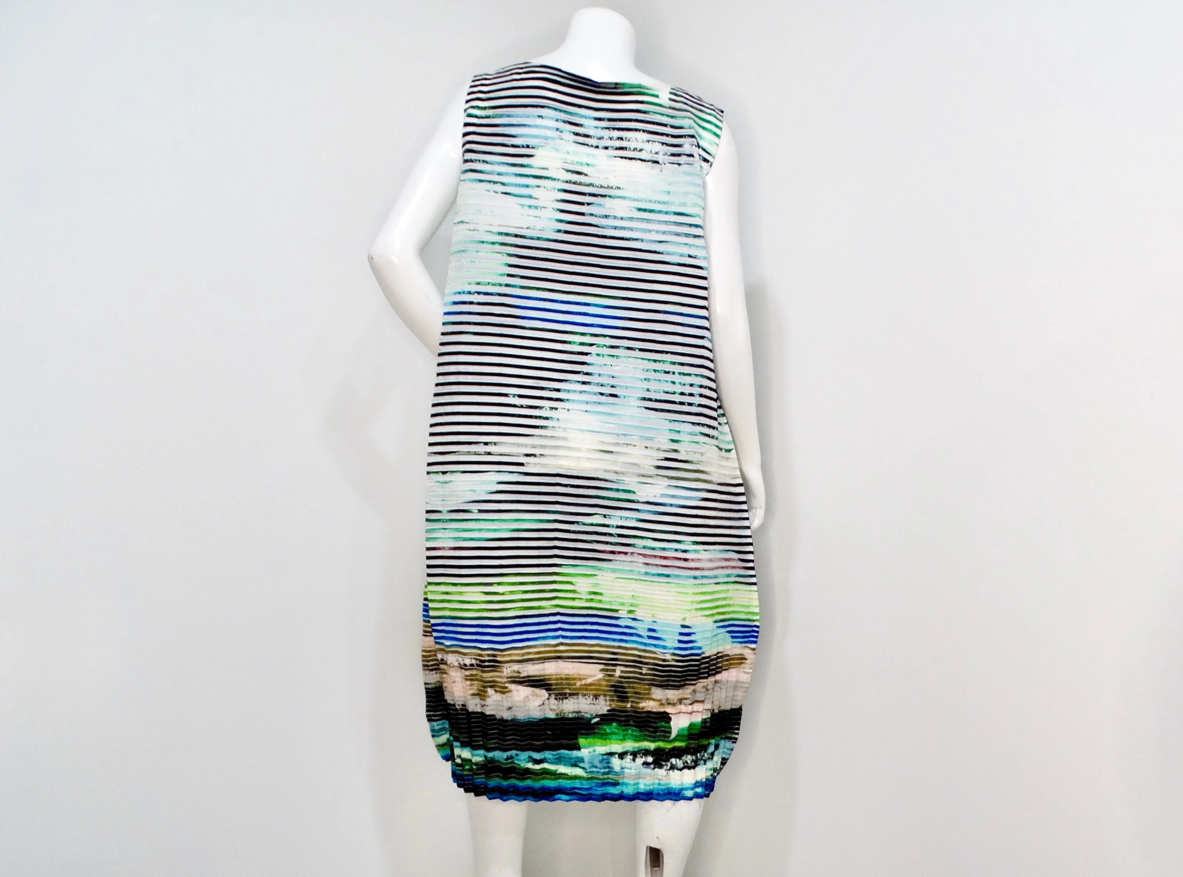 Issey Miyake 2018 Cool Toned Striped Abstract Pleated Bubble Dress