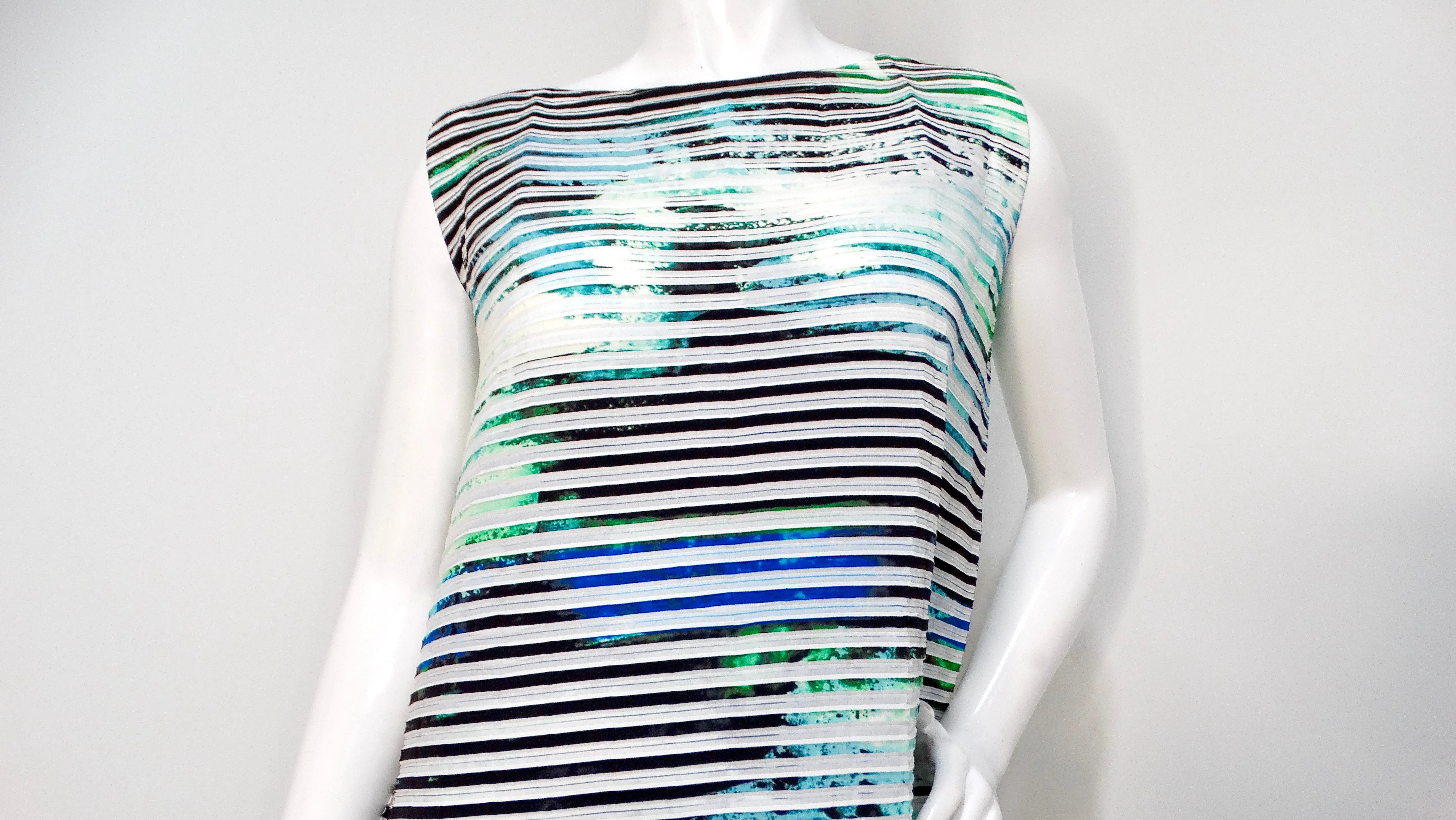 Issey Miyake 2018 Cool Toned Striped Abstract Pleated Bubble Dress