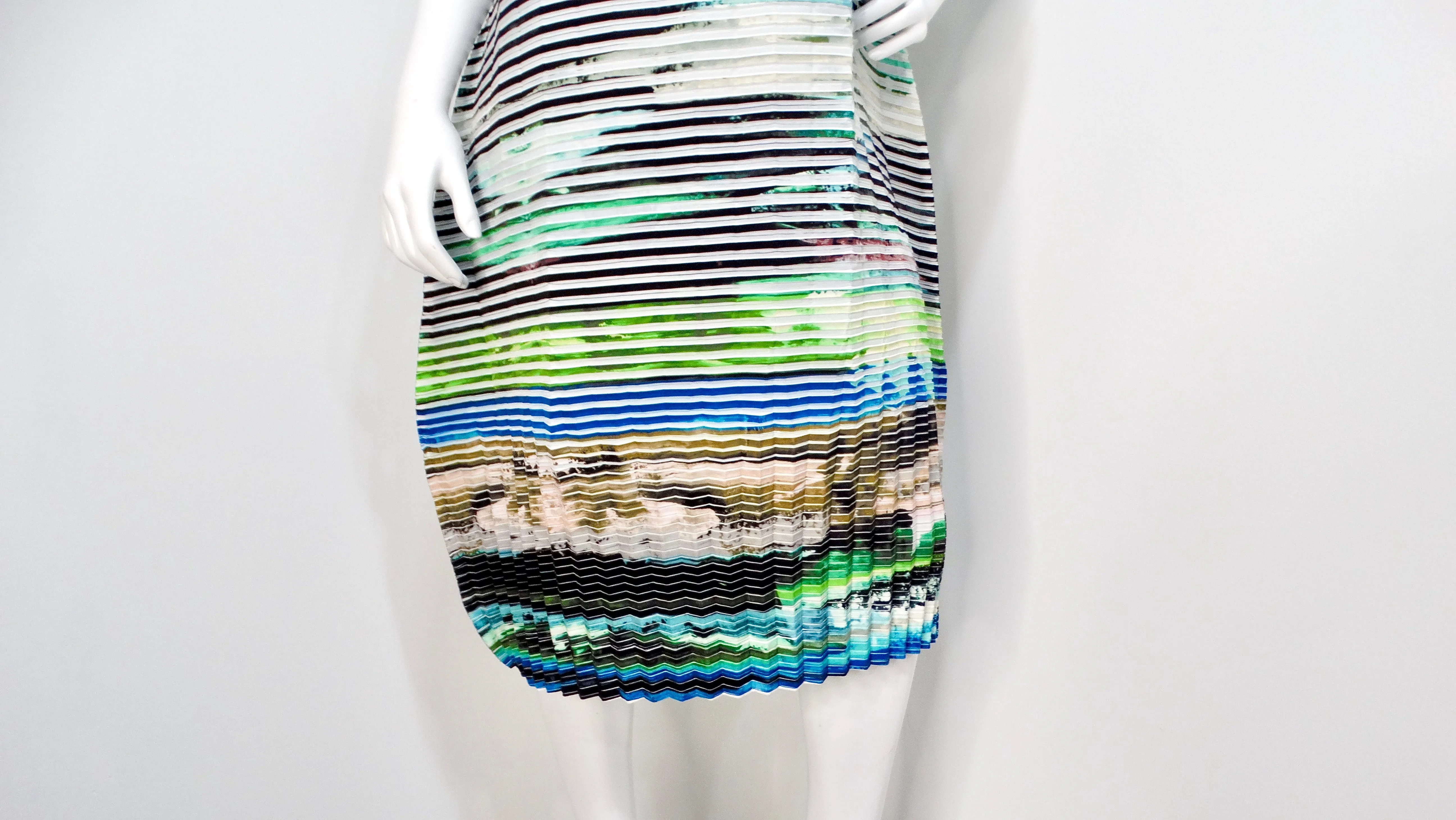 Issey Miyake 2018 Cool Toned Striped Abstract Pleated Bubble Dress