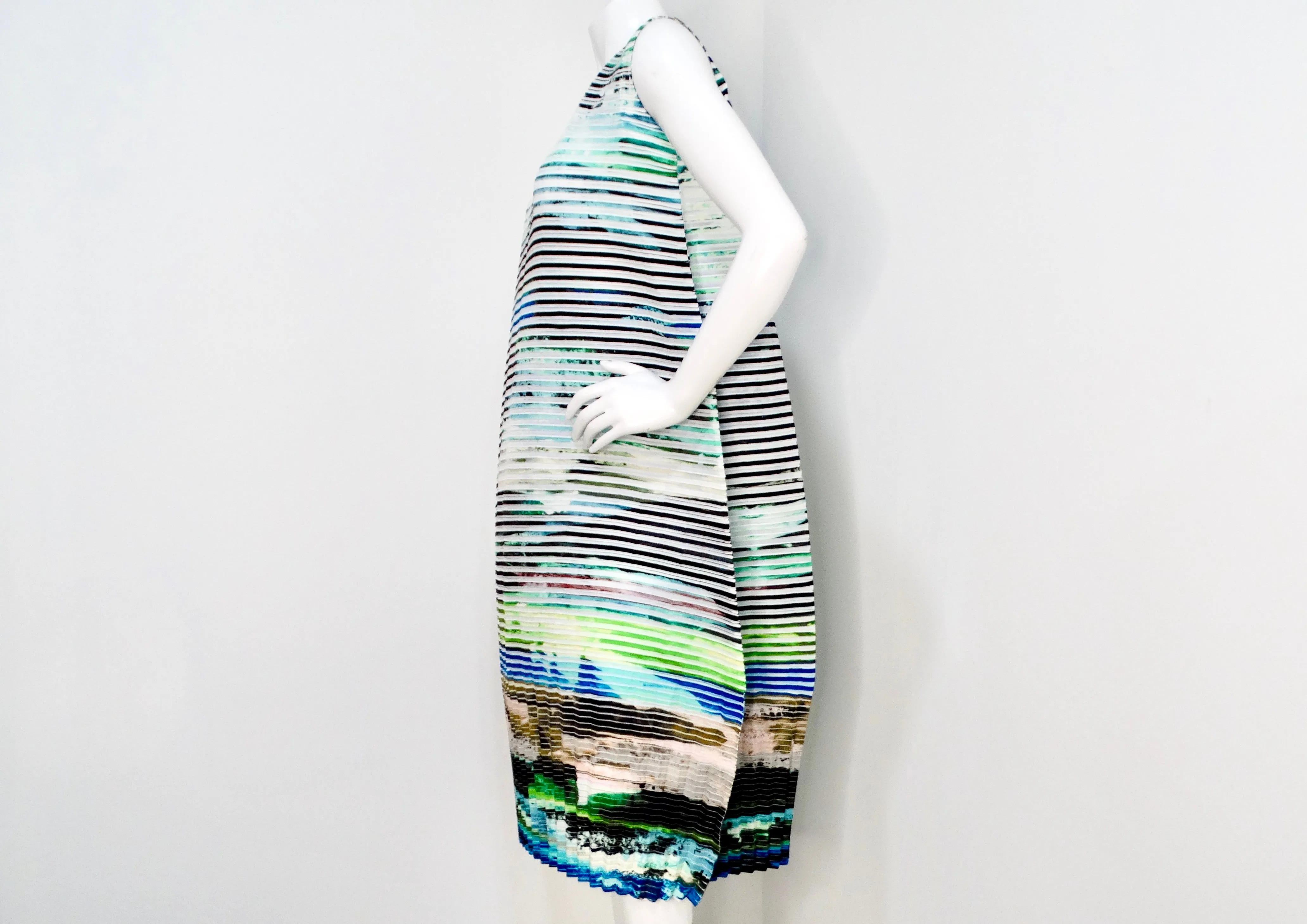 Issey Miyake 2018 Cool Toned Striped Abstract Pleated Bubble Dress