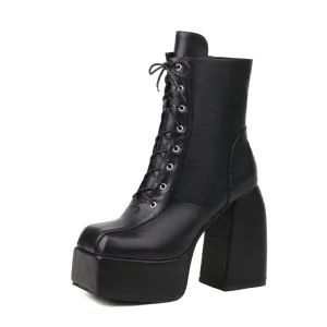 Ivory Lace up Platform Boots Black