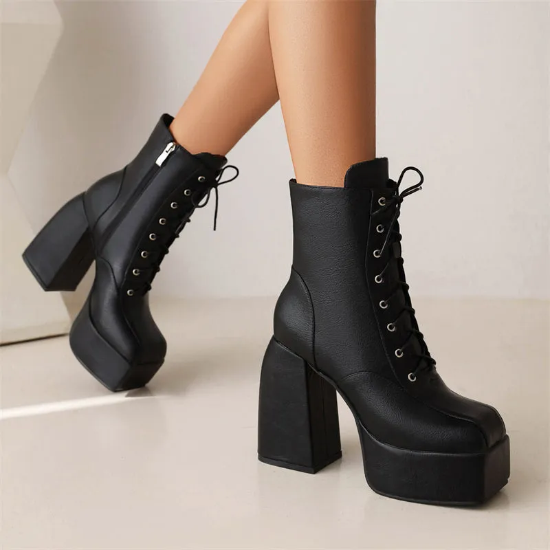 Ivory Lace up Platform Boots Black