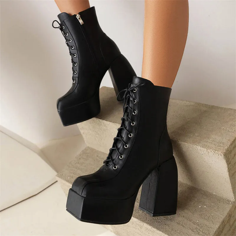 Ivory Lace up Platform Boots Black