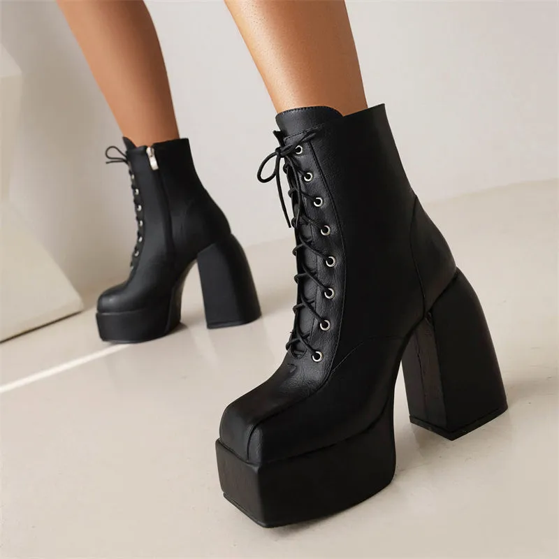Ivory Lace up Platform Boots Black