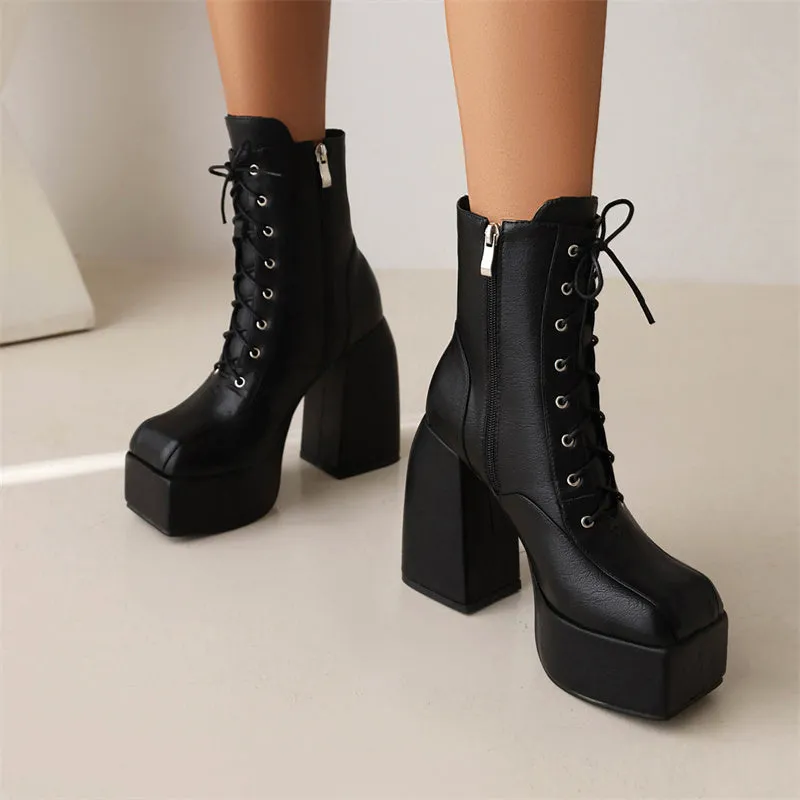 Ivory Lace up Platform Boots Black