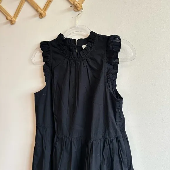 J. Crew Factory Black Tiered Ruffle Midi Dress Smocked Skirt Mock Neck Size 2
