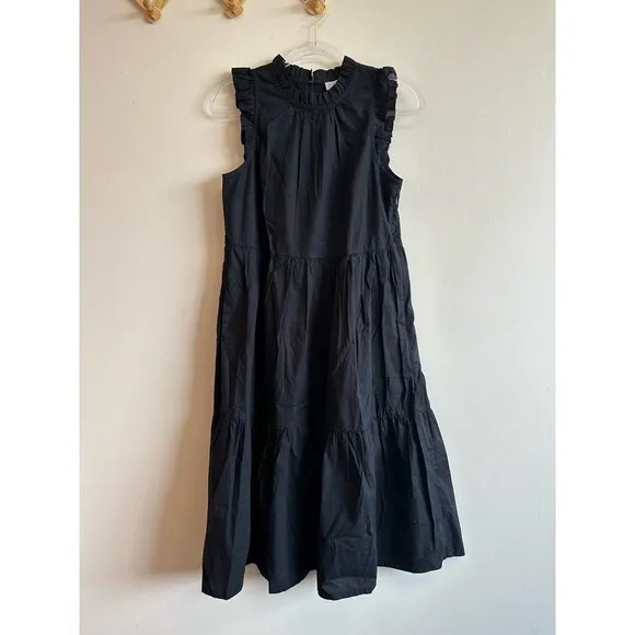 J. Crew Factory Black Tiered Ruffle Midi Dress Smocked Skirt Mock Neck Size 2