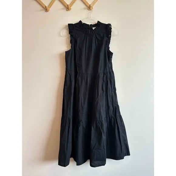 J. Crew Factory Black Tiered Ruffle Midi Dress Smocked Skirt Mock Neck Size 2