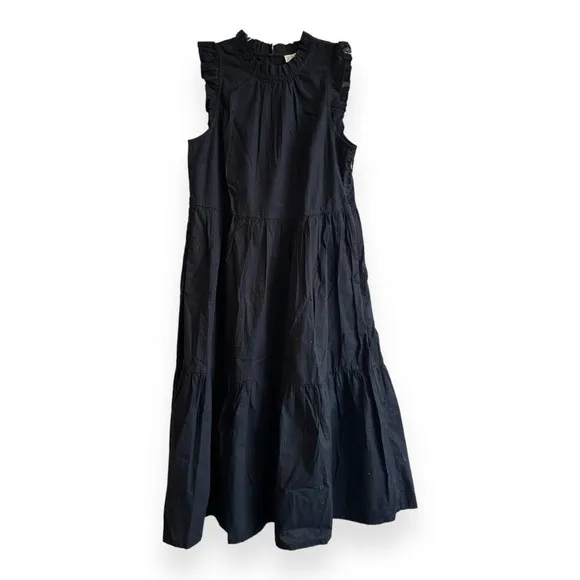 J. Crew Factory Black Tiered Ruffle Midi Dress Smocked Skirt Mock Neck Size 2