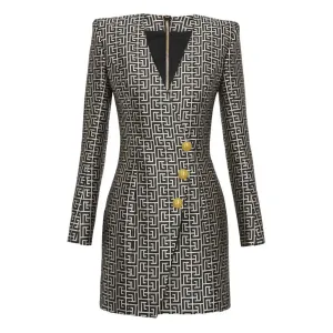 Jacquard Fabric V-neck Slimming Three-button Long-sleeved Dress Coat