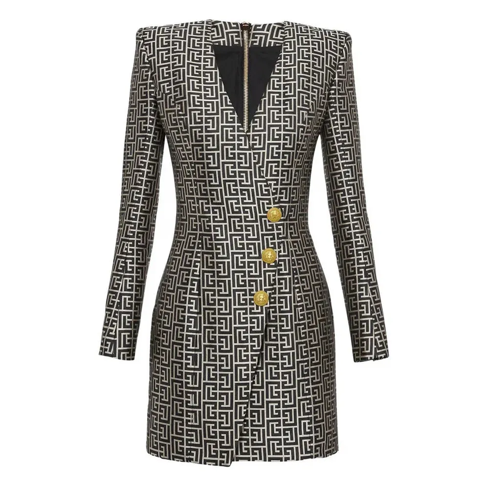 Jacquard Fabric V-neck Slimming Three-button Long-sleeved Dress Coat