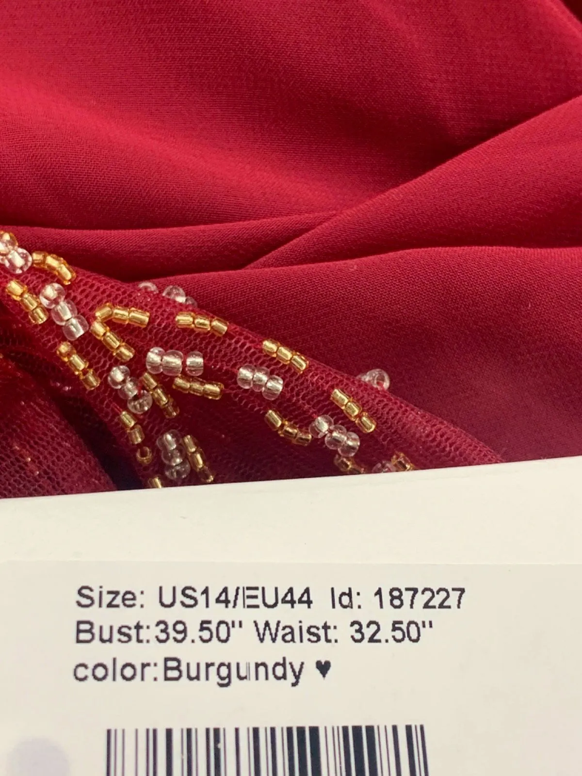 JJ's House Burgundy Beaded Evening Gown UK 14