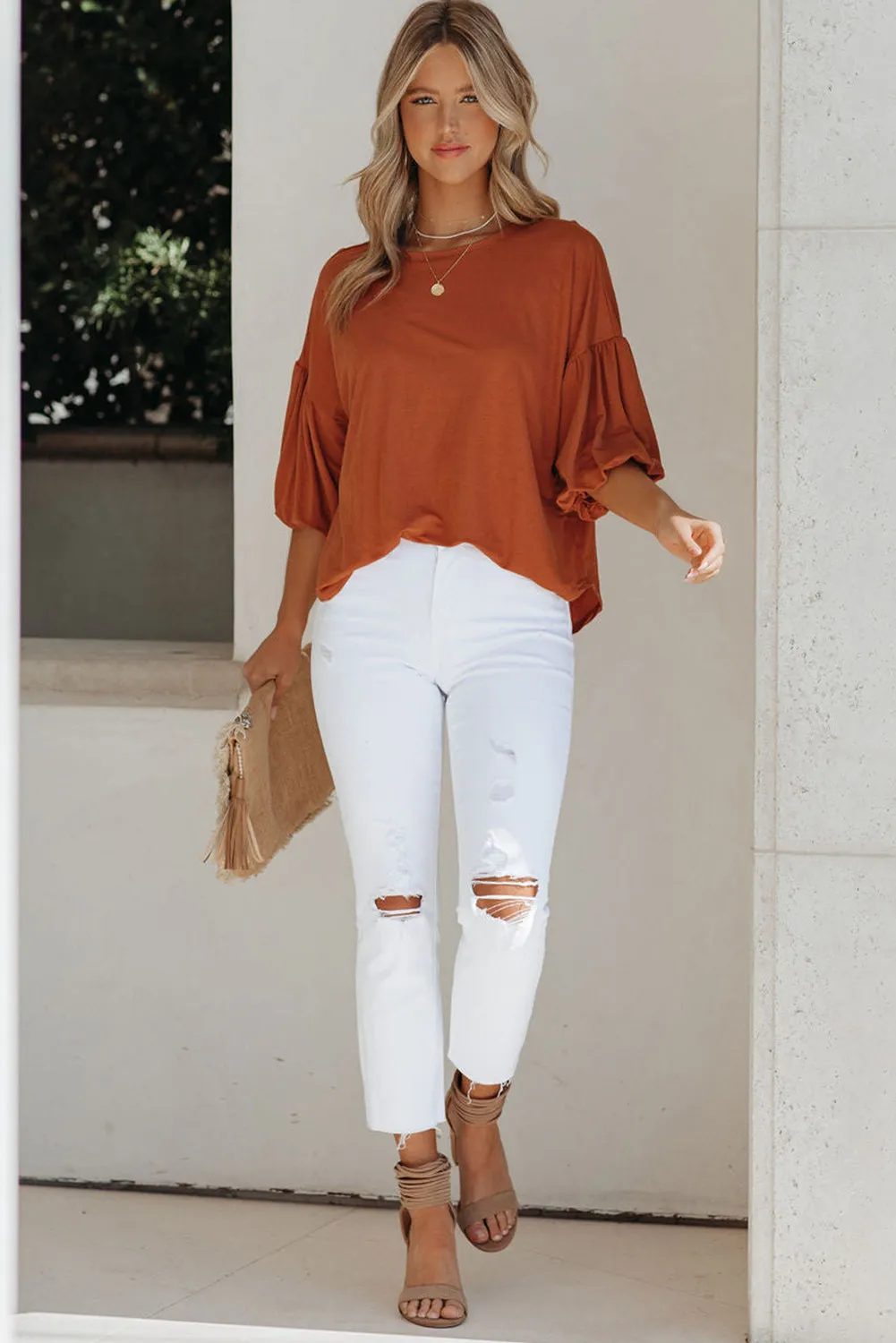 Joint Bubble Sleeve Round Neck Blouse