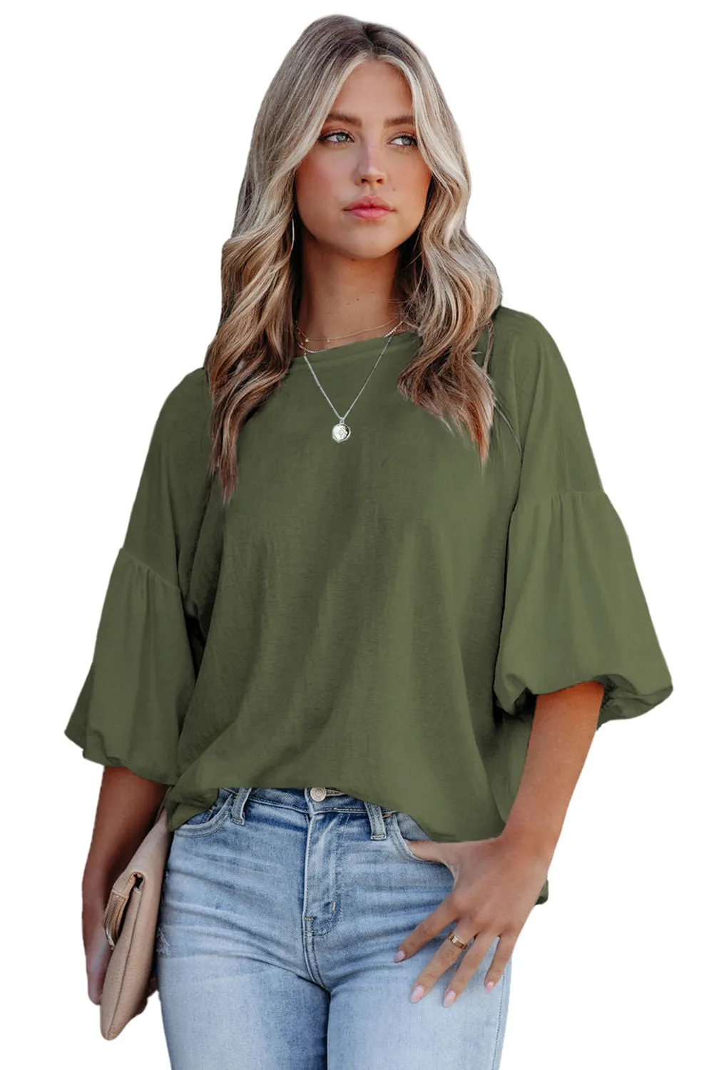 Joint Bubble Sleeve Round Neck Blouse