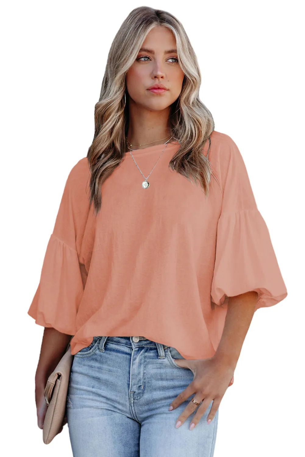 Joint Bubble Sleeve Round Neck Blouse