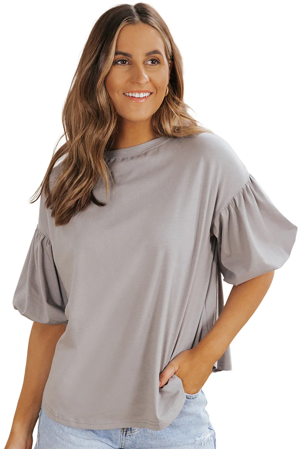 Joint Bubble Sleeve Round Neck Blouse