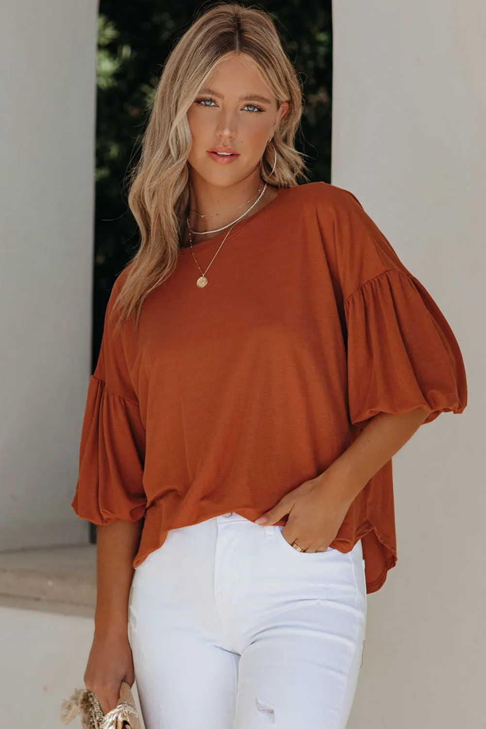 Joint Bubble Sleeve Round Neck Blouse