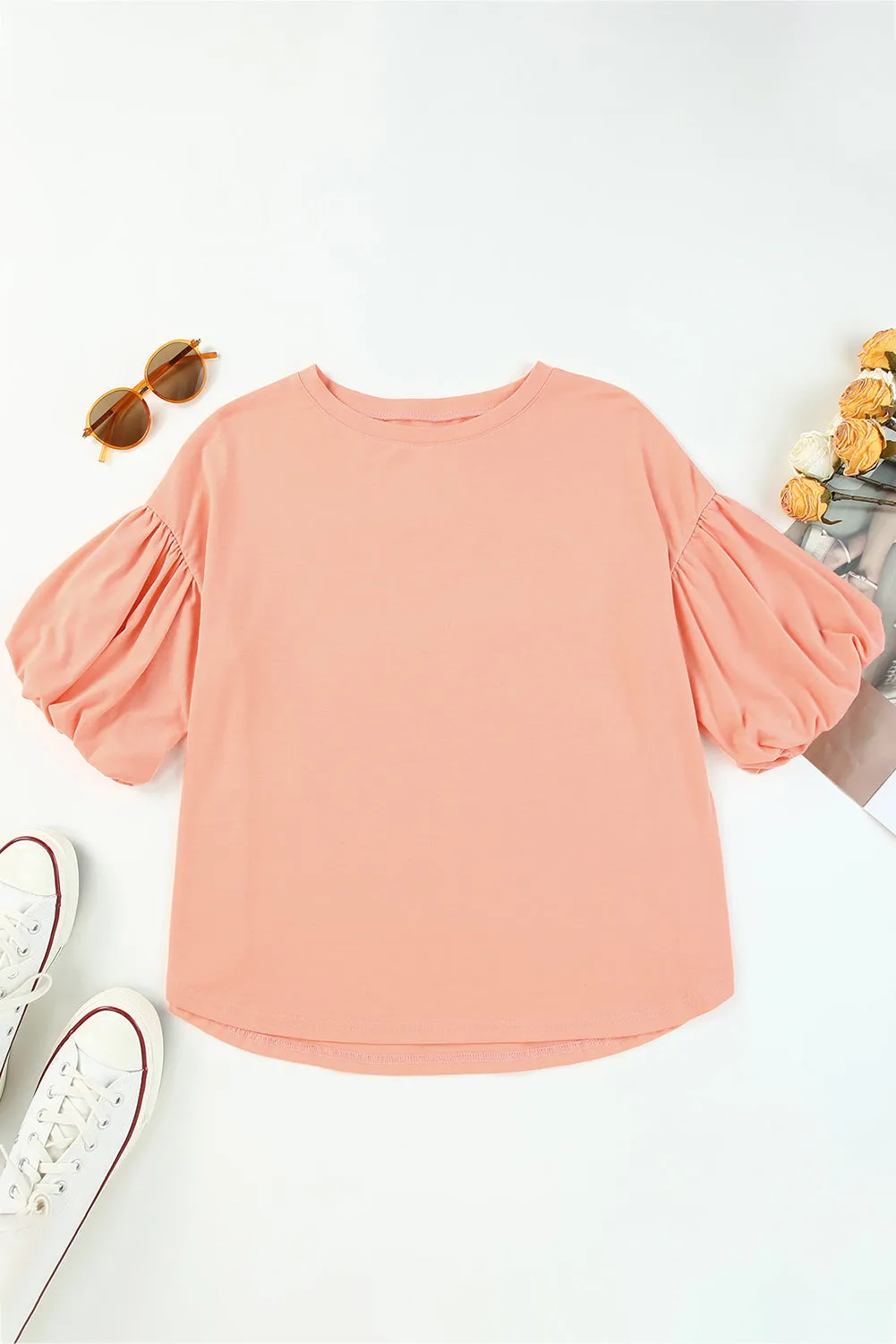 Joint Bubble Sleeve Round Neck Blouse