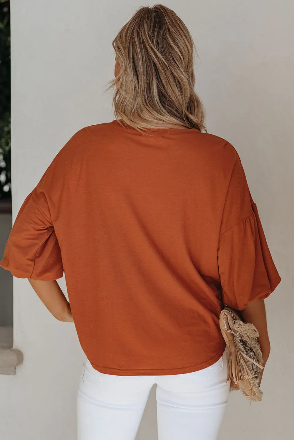 Joint Bubble Sleeve Round Neck Blouse