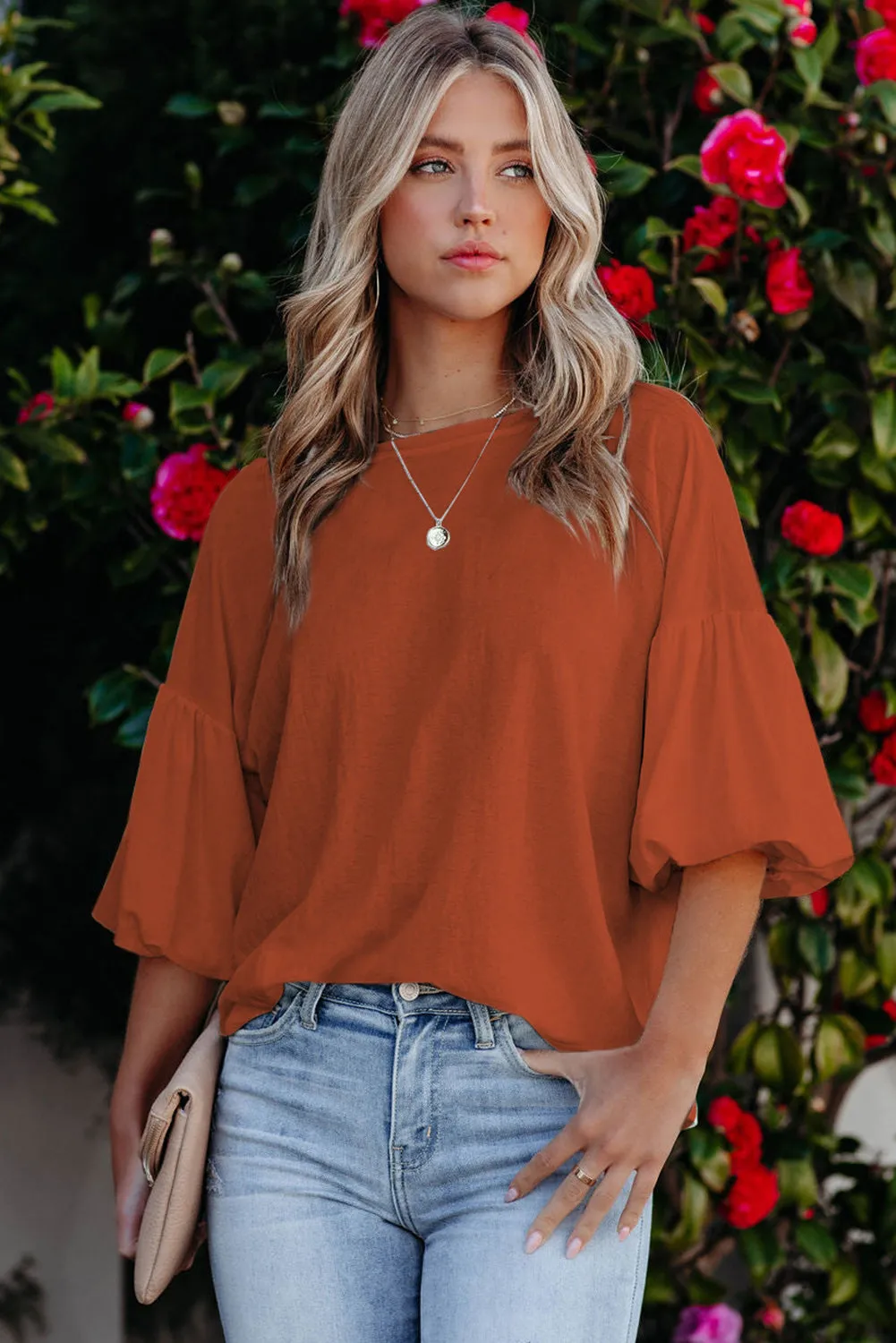 Joint Bubble Sleeve Round Neck Blouse