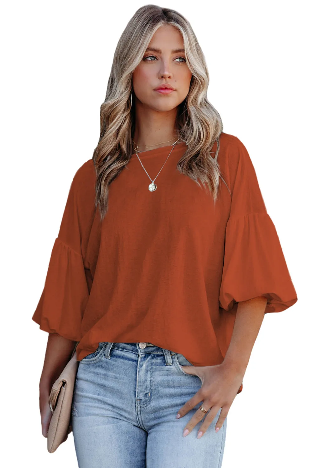 Joint Bubble Sleeve Round Neck Blouse