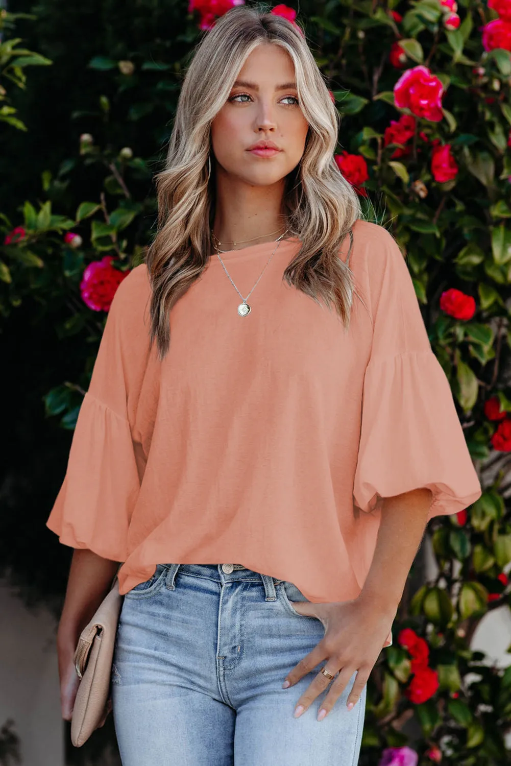 Joint Bubble Sleeve Round Neck Blouse