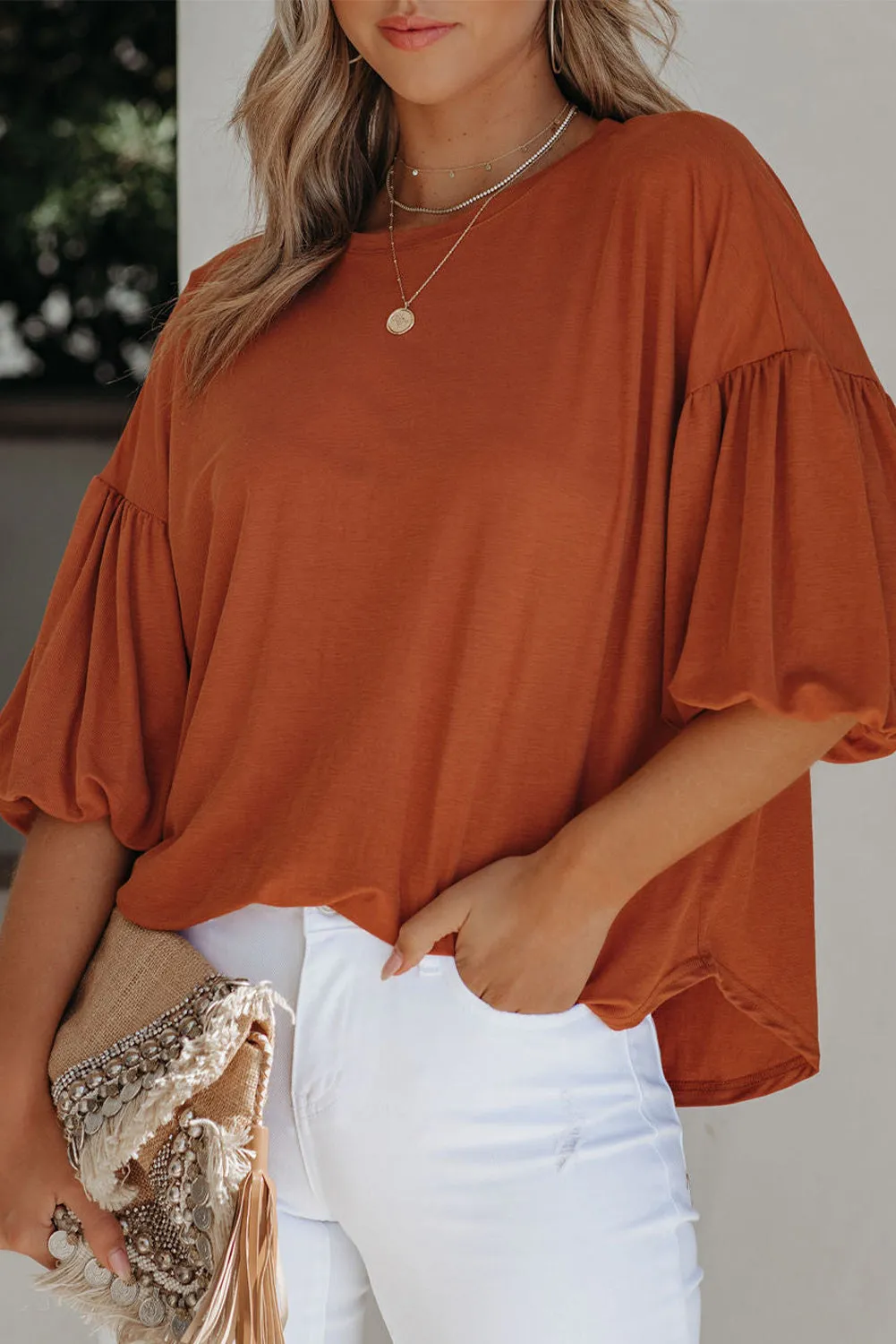 Joint Bubble Sleeve Round Neck Blouse