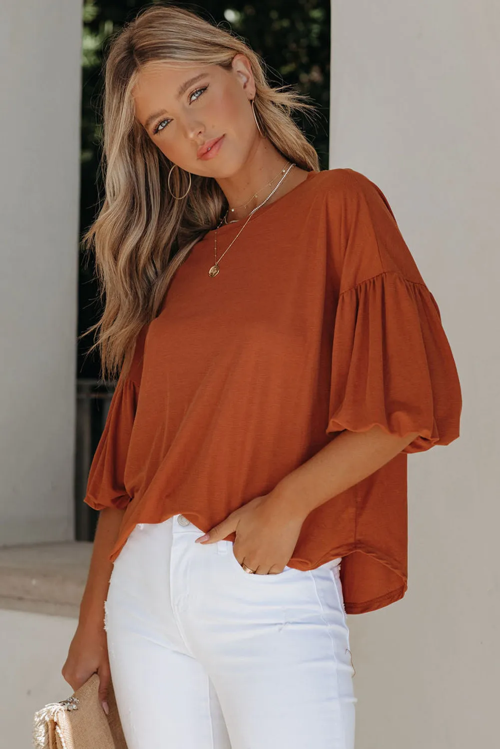 Joint Bubble Sleeve Round Neck Blouse