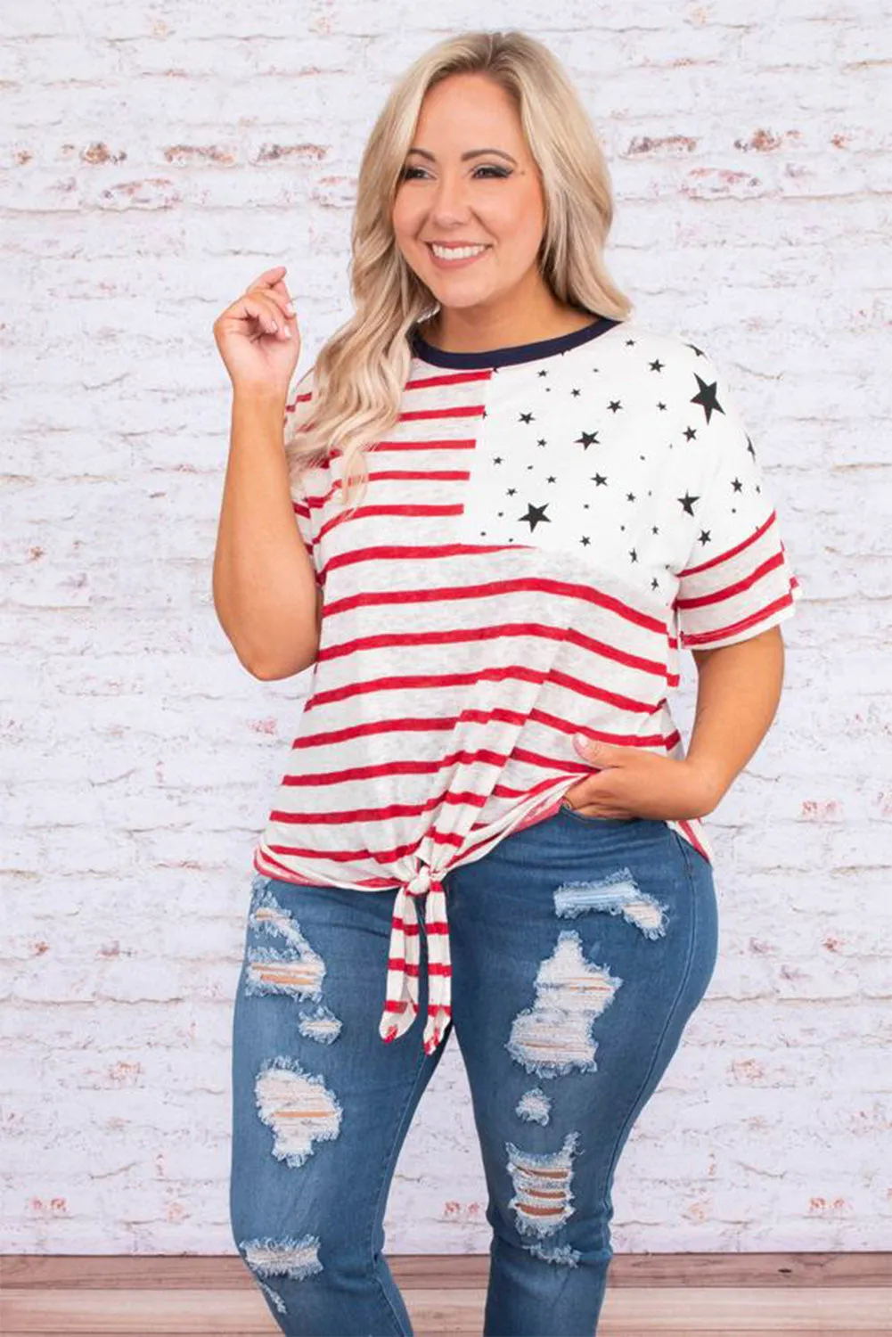July 4th National Day Flag Print Plus Size Tee with Knot