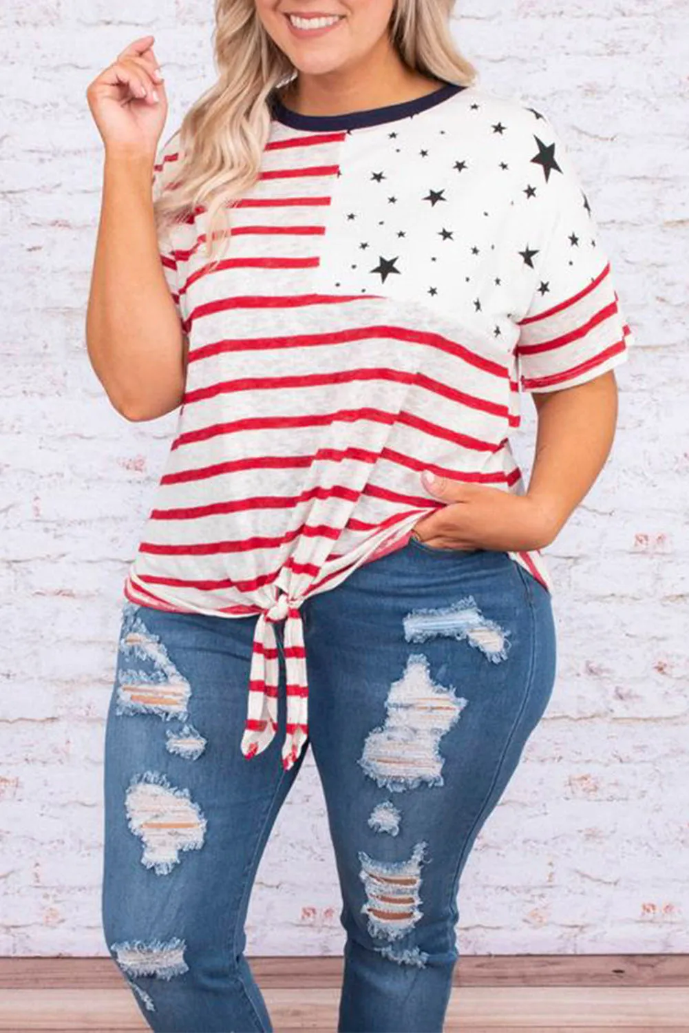 July 4th National Day Flag Print Plus Size Tee with Knot