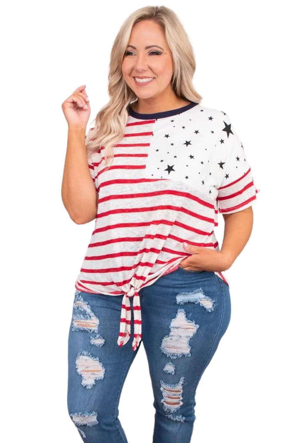 July 4th National Day Flag Print Plus Size Tee with Knot