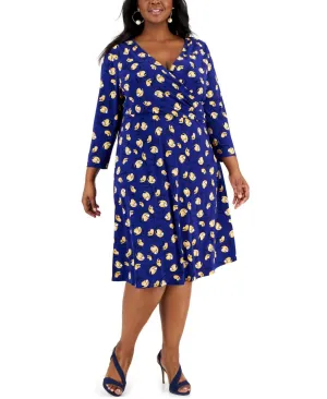 Kasper Plus Size Maura Printed 3/4-Sleeve Faux-Wrap Dress 10857263
