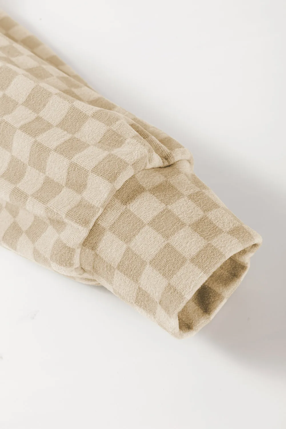 Khaki Checkered Print Kangaroo Pocket Drawstring Hoodie