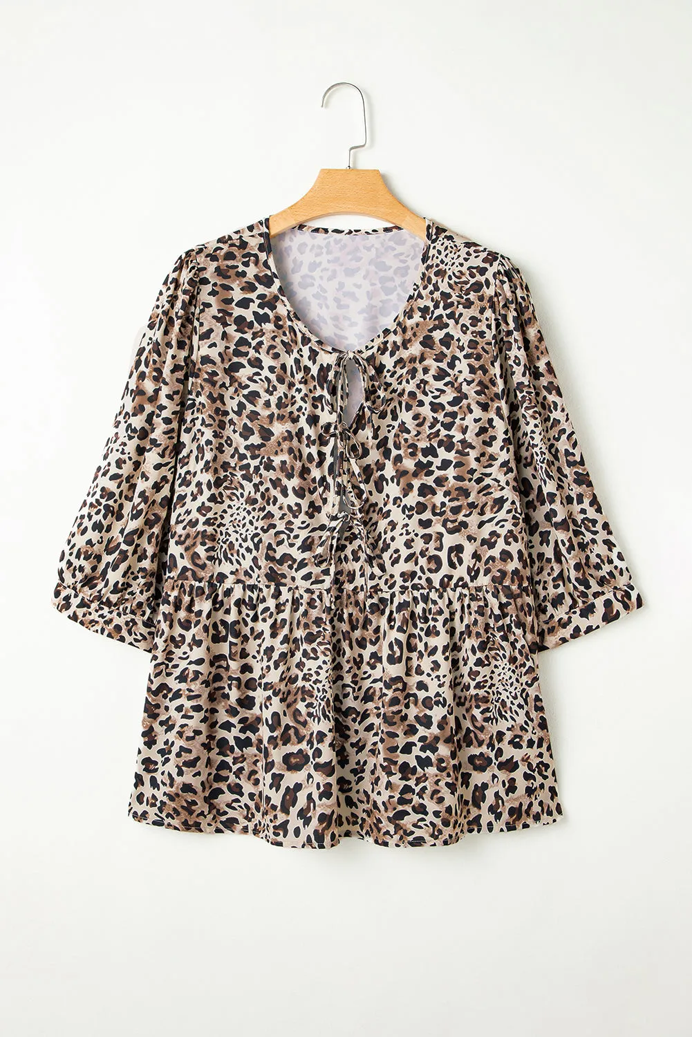Khaki Leopard Print Lace-up Ruffled 3/4 Sleeve Plus Size Blouse