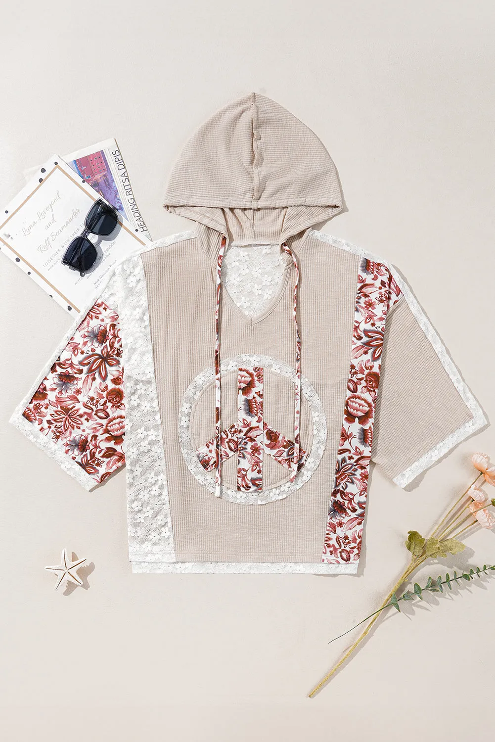 Khaki V Neck Floral Peace Sign Graphic Lace Patch Ribbed Plus Size Hooded Top
