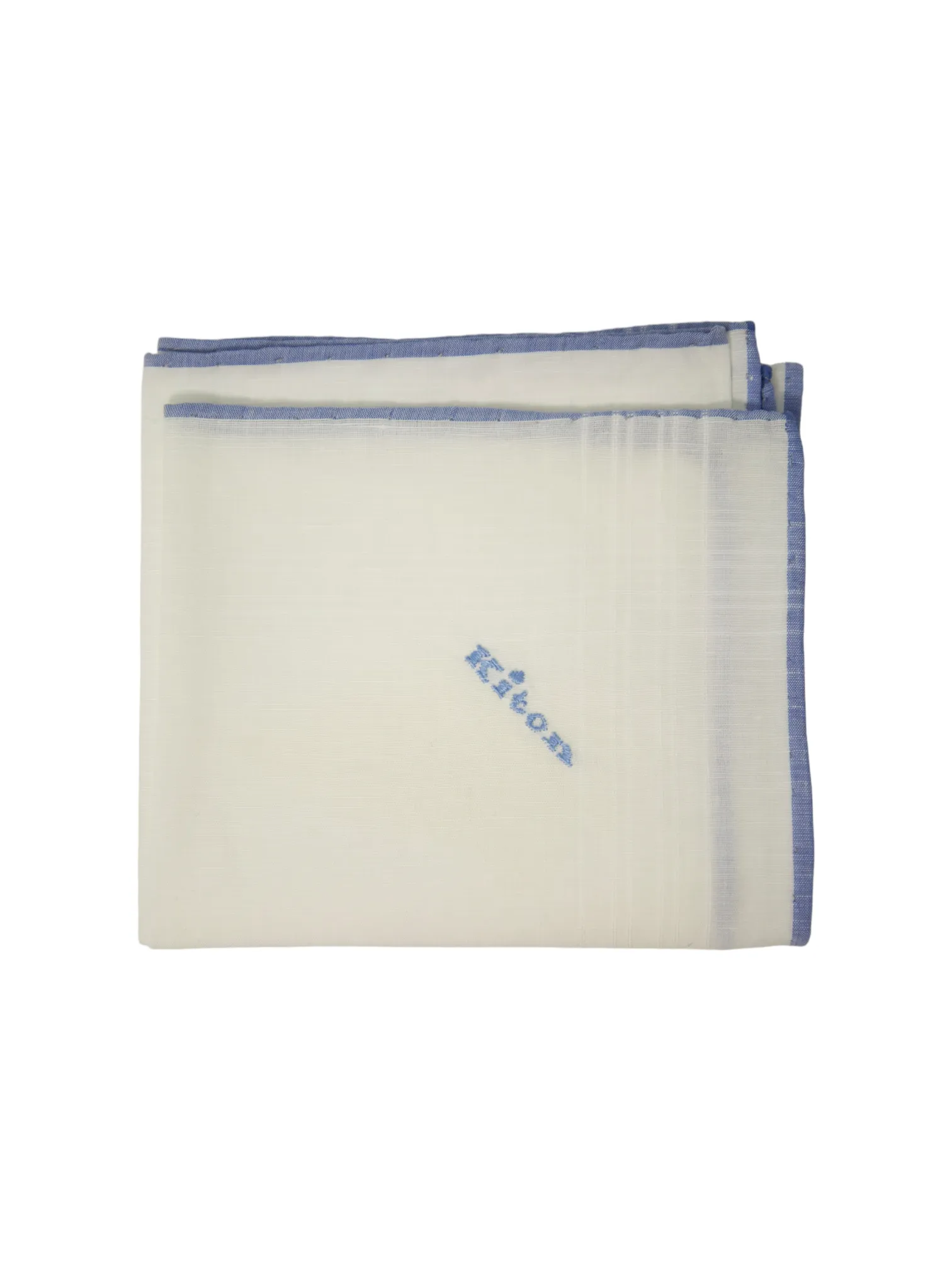 Kiton White Linen Pocket Square with Blue Edge
