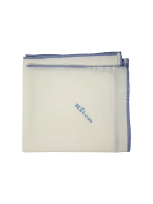 Kiton White Linen Pocket Square with Blue Edge