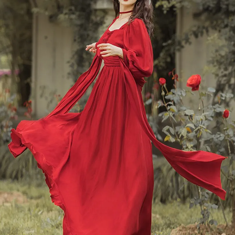Korea Chic Retro Trend Women Red Dress