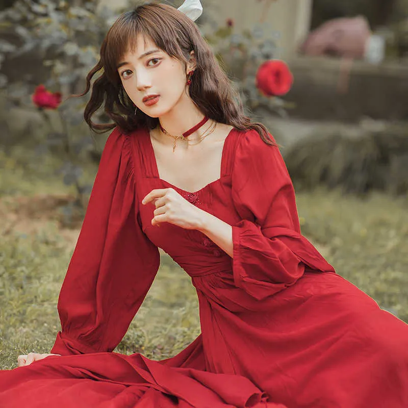 Korea Chic Retro Trend Women Red Dress