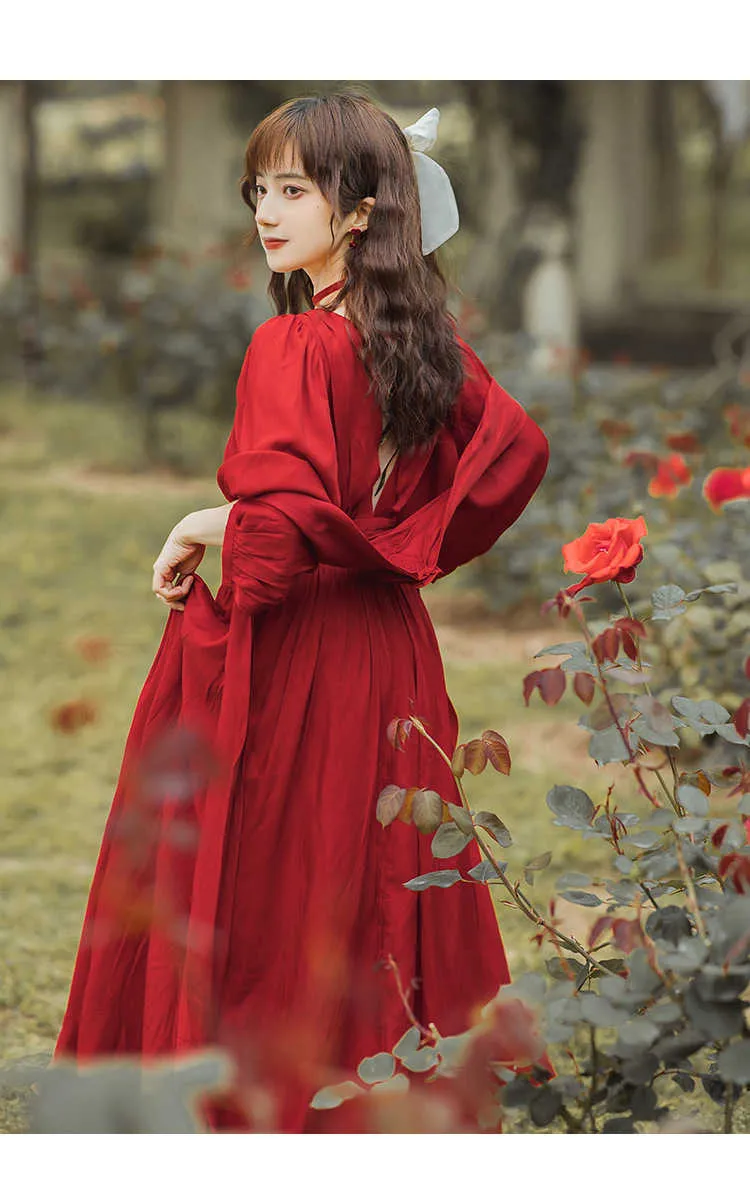 Korea Chic Retro Trend Women Red Dress