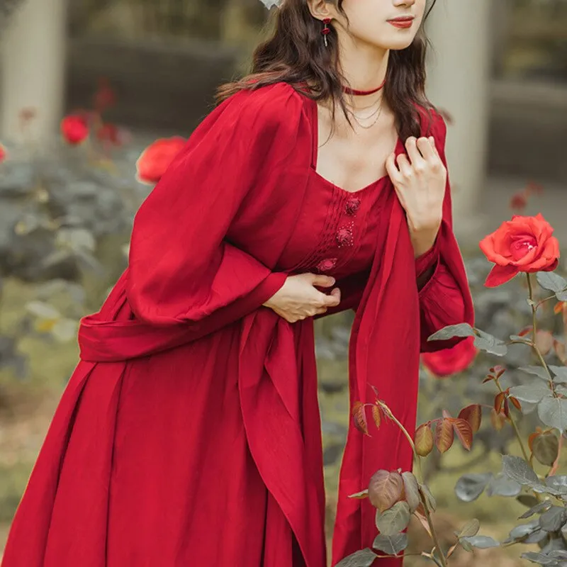 Korea Chic Retro Trend Women Red Dress