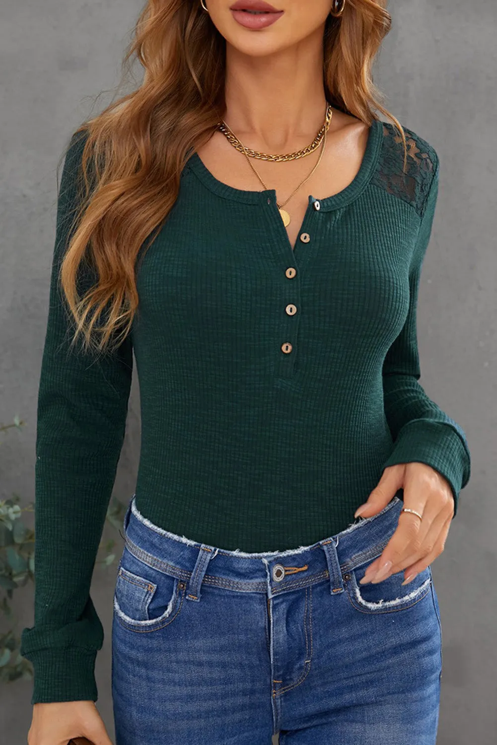 Lace Back Buttoned Henley Top