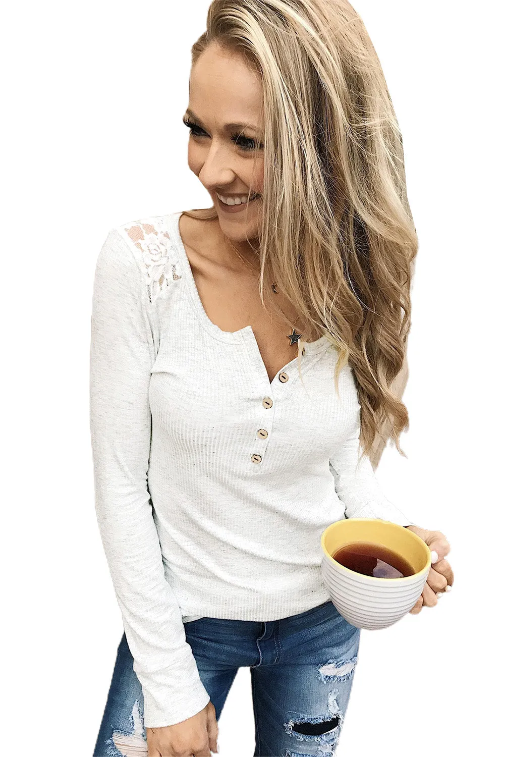 Lace Back Buttoned Henley Top