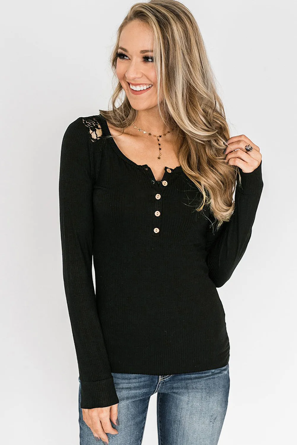 Lace Back Buttoned Henley Top