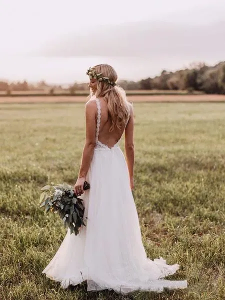 Lace Bodice Tulle Skirt Backless Bridal Gown Minimalist Wedding Dresses TN218